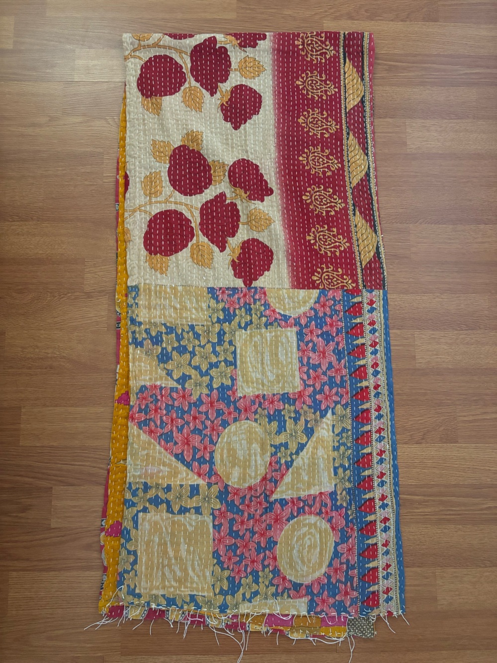 Beautiful Reversible Kantha Scarf in pink, red, yellow and blue - Picture 7 of 15